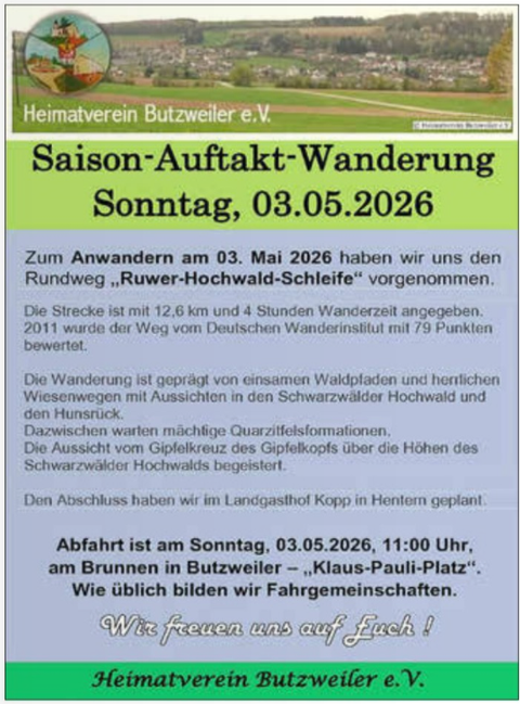 Ein Informationsblatt für eine Wanderung am 03. Mai 2026. Es beschreibt die Route, die Landschaft und den Treffpunkt für die Teilnehmer.