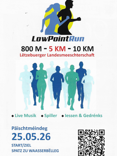 Een advertentie voor de LowPointRun met verschillende afstanden van 800 m tot 10 km. Het evenement vindt plaats op 25 mei 2026 en biedt live-muziek en verfrissingen.