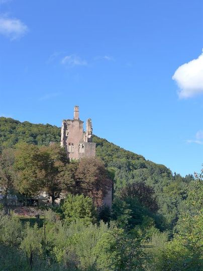 Une vieille ruine se dresse sur une colline, entourée d'arbres. Le ciel bleu clair donne à ce paysage une atmosphère paisible.