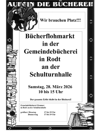 Ein Plakat für einen Bücherflohmarkt in der Gemeindebücherei in Rodt. Der Markt findet am 28. März 2026 von 10 bis 15 Uhr statt.