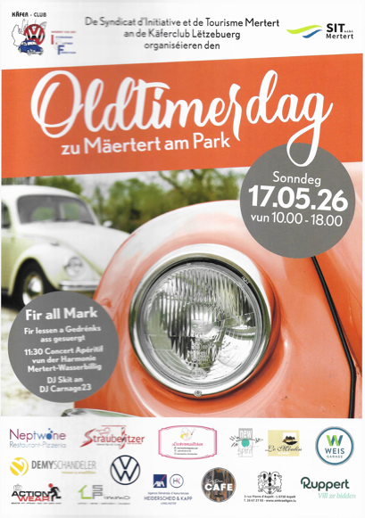 Een poster voor de Oldtimertag in Märttert in het park, die een vintage autolamp en stijlvolle oldtimers op de achtergrond toont. De dag vindt plaats op 17 mei 2026 van 10:00 tot 18:00 uur.