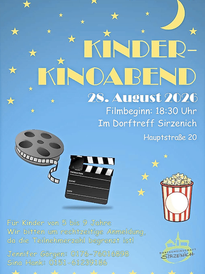 A poster for a children's movie night on February 27, 2026.
The film starts at 6:00 PM at the village center Sirzenich.