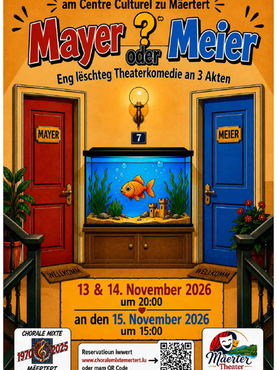 Une affiche de théâtre colorée avec deux portes, rouge et bleue, et un aquarium au milieu. Elle annonce une pièce de théâtre intitulée "Mayer ou Meier", qui sera jouée en novembre 2026.