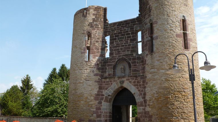 Eine historische Burg mit zwei Türmen und einer Flagge. Die Umgebung ist grün und einladend.