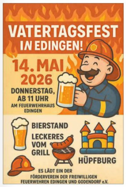 Une affiche colorée pour la fête des pères à Edingen. Elle montre un pompier joyeux avec de la bière et des informations sur la fête le 14 mai 2026.