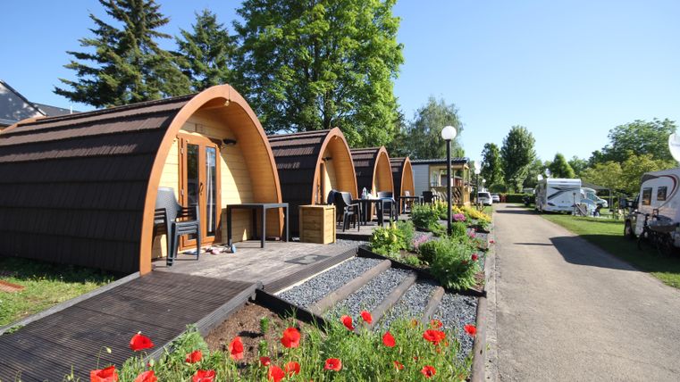 Moderne Rundhäuser in einer grünen Umgebung mit bunten Blumen. Ein klarer Himmel und schattenspendende Bäume sorgen für eine einladende Atmosphäre.