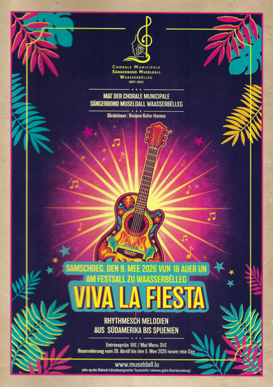 Een kleurrijke poster voor het evenement "Viva la Fiesta". Het toont een gitaar met muzikale elementen en tropische bladeren.