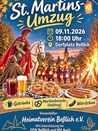 Un défilé joyeux de la Saint-Martin avec des participants vêtus de manière festive et un décor impressionnant. Il y a des boissons, des bretzels de Martin et des saucisses à déguster.