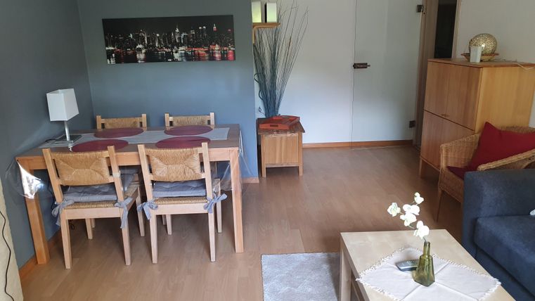 Ein gemütlicher Wohnraum mit einem Essbereich und einem Sofa.