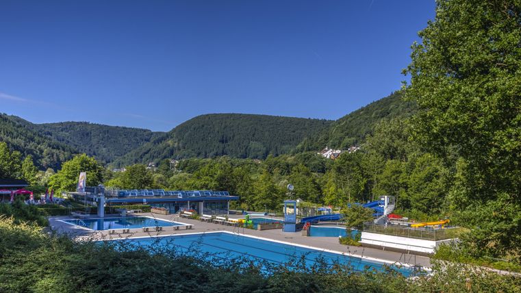 Ein Schwimmbad inmitten von grüner Natur und Bergen. Der klare Himmel und die blauen Wasserbecken vermitteln eine entspannte Atmosphäre.