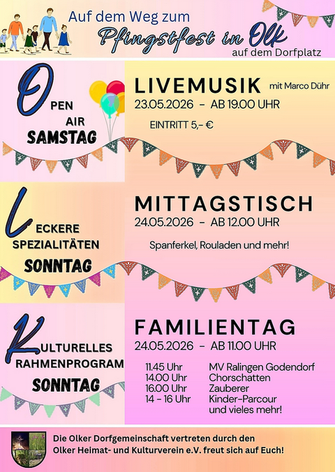 Une affiche festive pour la Pentecôte à Olk. L'événement se déroulera les 23 et 24 mai 2026 sur la place du village.