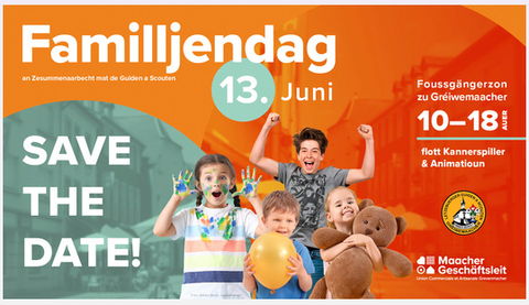 Une journée d'action familiale colorée avec des enfants joyeux tenant des ballons colorés et des jouets. Le texte annonce l'événement le 13 juin.