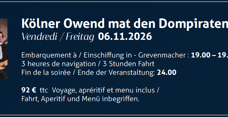 Une affiche pour un événement « Soirées colognaises avec les pirates de la cathédrale » le 06.11.2026. Elle contient des informations sur les horaires, les prix et le menu.