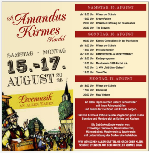 Een evenementenposter voor de St. Amandus Kirmes in Kordel, die van 15 tot 17 augustus 2026 plaatsvindt. Het bevat informatie over openingstijden, programmapunten en activiteiten tijdens het feest.