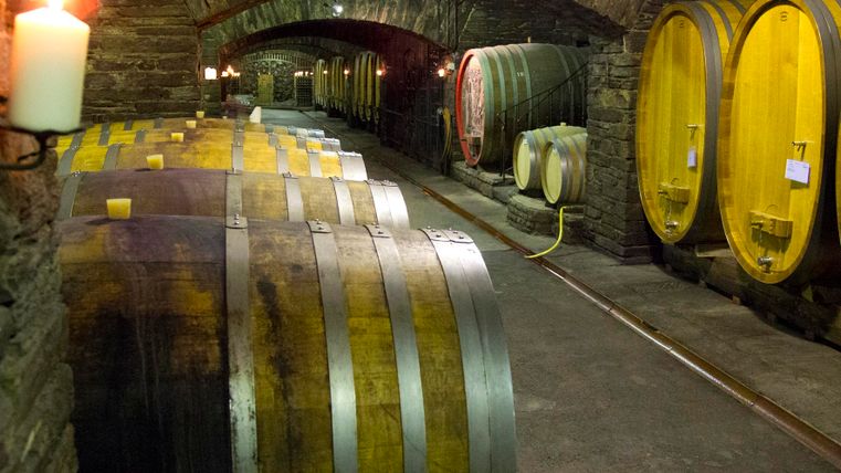 Ein Weinkeller mit großen Fässern aus Holz und sanftem Licht von Kerzen. Die Atmosphäre ist rustikal und einladend.