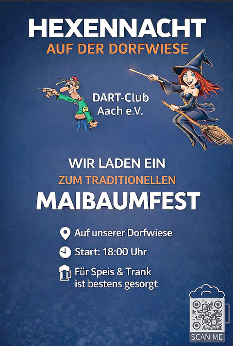 Ein Plakat für eine Veranstaltung auf der Dorfwiese, das zum Maibaumfest einlädt. Es enthält Informationen über den Dart-Club und die Startzeit um 18:00 Uhr.