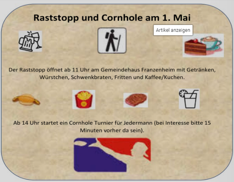 Ein Plakat für einen Raststopp und ein Cornhole-Turnier am 1. Mai. Es gibt Essen, Getränke und Spiele, die um 14 Uhr beginnen.