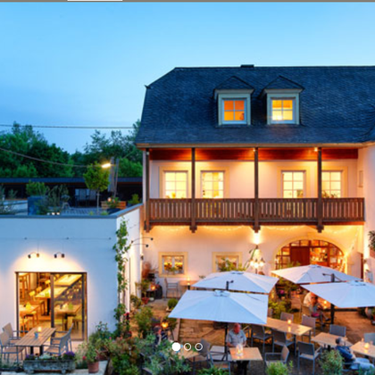 Ein einladendes Weinrestaurant mit Blick auf Weinreben und einer entspannten Atmosphäre. Die Speisekarte bietet hausgemachte Kuchen und erlesene Weine.