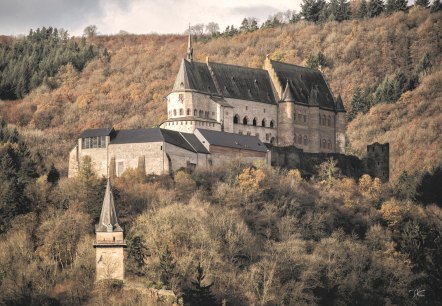 Kasteel Vianden ligt majestueus op een heuvel, omringd door herfstkleurige bomen en een bewolkte hemel., &copy; Jengel