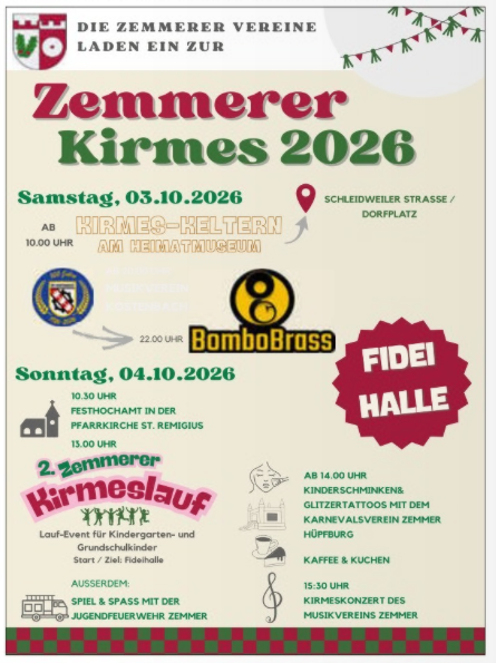 Une invitation à la fête foraine de Zemmerer 2026 avec des informations sur les événements des 3 et 4 octobre. Des activités, de la nourriture et de la musique sont annoncées.