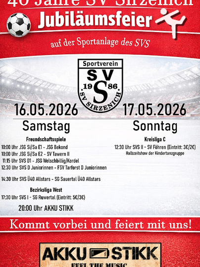 Une affiche pour la fête du jubilé du SV Sirzenich. L'événement aura lieu les 16 et 17 mai 2026 et comprend divers matches de football et des divertissements musicaux.