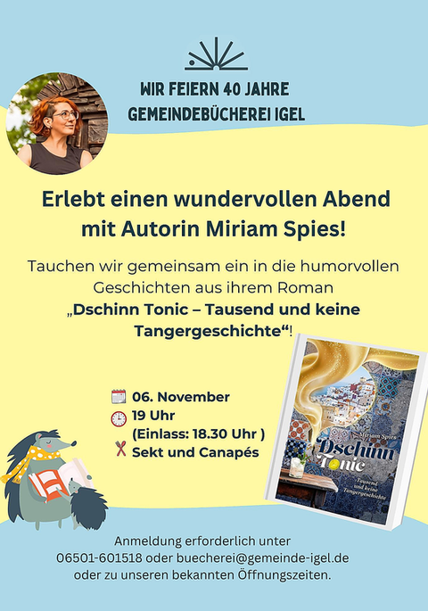 Ein einladendes Poster für eine Veranstaltung der Gemeinde-Bücherei Igel. Es zeigt Informationen über einen Abend mit der Autorin Miriam Spies und ihr Buch „Dschinn Tonic“.