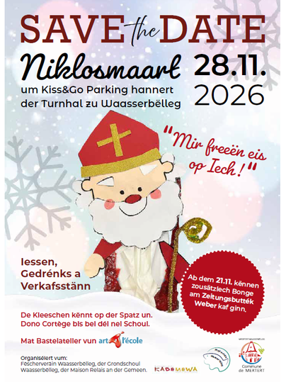 Une affiche attrayante pour le Niklosmaart, qui aura lieu le 28 novembre 2026. Elle représente un Père Noël souriant et contient des informations sur les animations et les stands de vente.