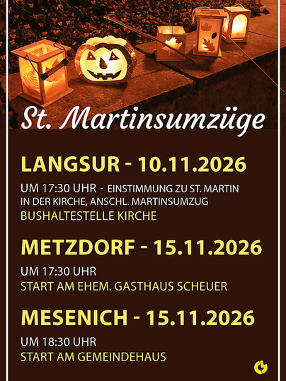 Une affiche pour les défilés de la Saint-Martin avec des dates et des lieux d'événements. Elle montre des décorations en forme de lanternes et une lanterne citrouille d'Halloween.