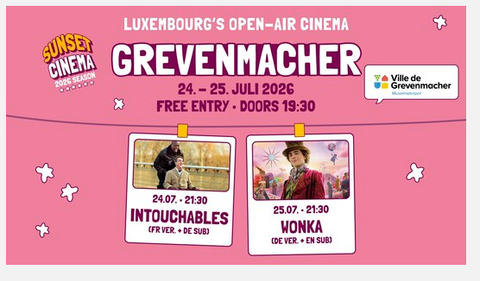 Ein Plakat für das Open-Air-Kino in Grevenmacher. Die Filme "Intouchables" und "Wonka" werden am 24. und 25. Juli 2026 gezeigt.