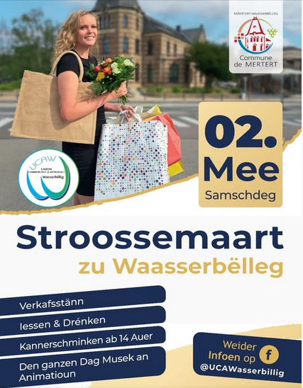 Een vrouw draagt boodschappentassen en staat voor een mooi gebouw. De tekst informeert over de straatmarkt in Waasserbëllig.