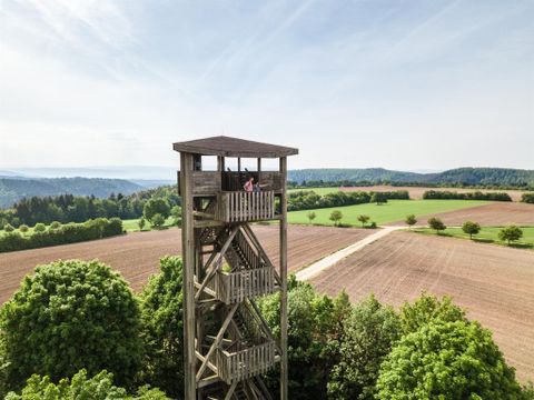 Ein Aussichtsturm umgeben von grünen Bäumen und Feldern. Der Himmel ist klar und blau.
