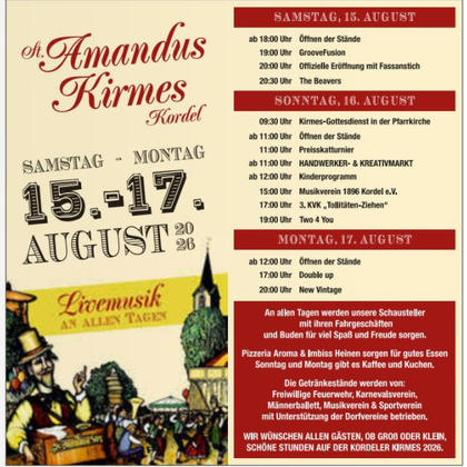 Une affiche d'événement pour la Kirmes de Saint Amandus à Kordel, qui se déroulera du 15 au 17 août 2026. Elle contient des informations sur les heures d'ouverture, les points de programme et les activités pendant la fête.