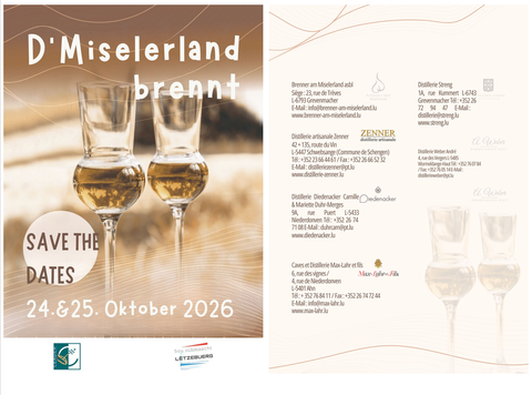 Un flyer pour un événement intitulé "D'Miselerland brennt". Sur l'image, on voit deux verres remplis d'un liquide clair, sur un fond élégant.