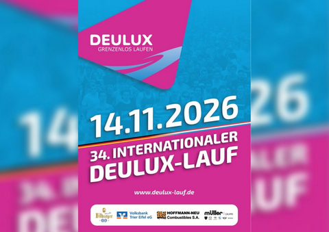 Ein Plakat für den 34. Internationalen Deulux-Lauf am 14.11.2026. Das Design ist auffällig in Blau und Pink mit verschiedenen Logos unten.