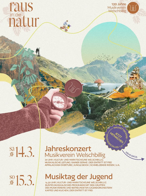 Ein farbenfrohes Plakat mit einem Naturthema, das Veranstaltungen des Musikvereins Welschbillig ankündigt. Es zeigt eine schöne Landschaft mit Bergen, einem See und einem Kompass.