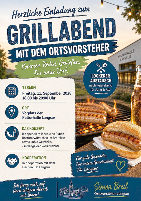 Einladungsplakat zu einem Grillabend mit dem Ortsvorsteher. Es zeigt Informationen über den Termin, Ort und das Konzept der Veranstaltung.