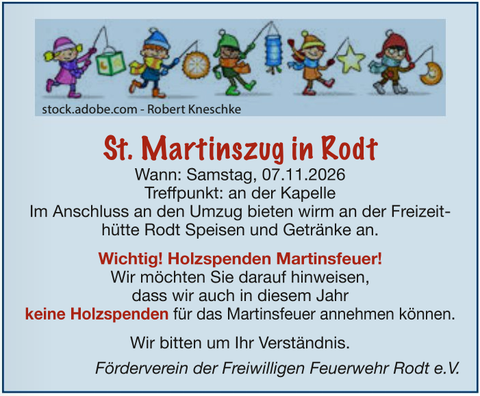 Ein Plakat der Jugendfeuerwehr Rodt informiert über die Feierlichkeiten zu St. Martin am 12.11.2022. Es wird über einen Martinsumzug, eine Tombola und zusätzliche Angebote wie Tee und Glühwein informiert.