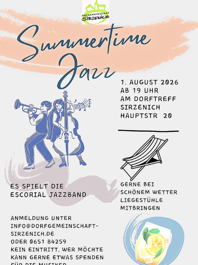 A poster for the "Summertime Jazz" event with information about the date and location. It features a jazz band and invites visitors to bring lounge chairs.