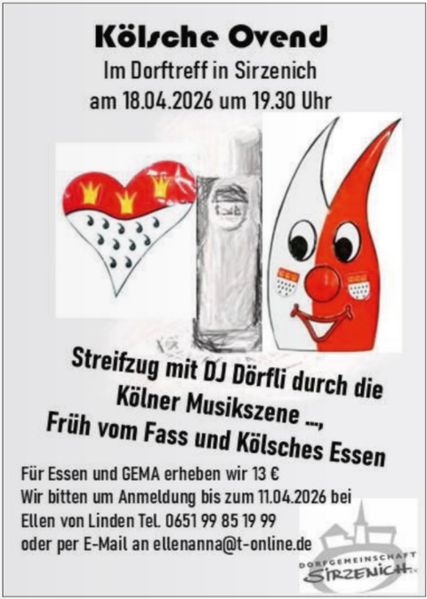 An event invitation for the "Kölsche Ovend" in Sirzenich. Music, Kölsch food, and drinks will be offered.