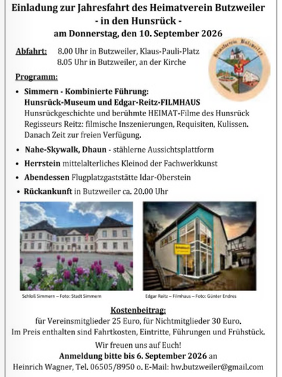 An invitation letter for the 2025 annual trip organized by the Butzweiler Local History Association (Heimatverein Butzweiler e.V.). It contains information about the departure, the itinerary, and registration details.