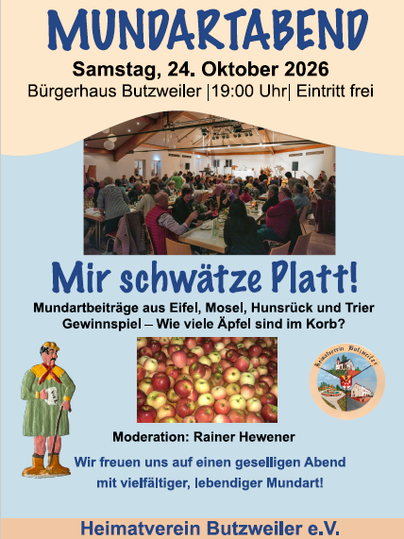 Ein Veranstaltungsplakat für einen Mundartabend mit dem Titel „Mir schwätze Platt“. Es zeigt Informationen über das Datum, den Ort und das Programm der Veranstaltung.