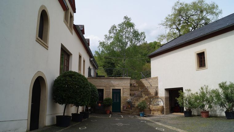 Ein ruhiger Innenhof mit weißen Gebäuden und begrünten Topfpflanzen. Im Hintergrund sind Stufen und Bäume sichtbar.