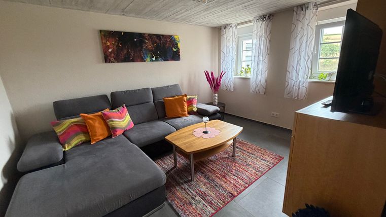 Ein modernes Wohnzimmer mit einem grauen Sofa und bunten Kissen. Der Raum hat große Fenster, die viel Licht hereinlassen, und einen kleinen Holztisch in der Mitte.