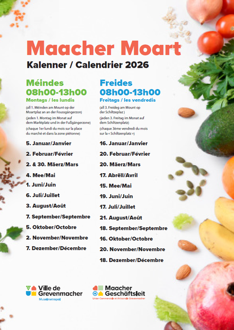 Een kalender voor de Maacher Moart met de openingstijden voor maandagen en vrijdagen. De lijst toont de data van januari tot december 2026.