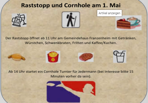 Ein Plakat für einen Raststopp und ein Cornhole-Turnier am 1. Mai. Es gibt Essen, Getränke und Spiele, die um 14 Uhr beginnen.