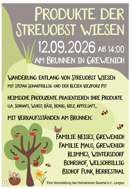 Ein Werbeplakat für eine Veranstaltung mit dem Titel "Produkte der Streuobst Wiesen". Es zeigt Infos zu einem Wandertag und Verkaufsständen in Grevenich am 12. September 2026.