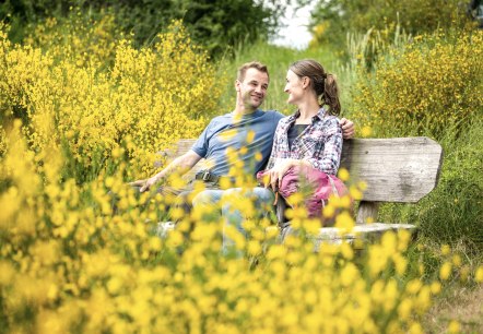 Een koppel zit glimlachend op een houten bankje, omringd door bloeiende gele brem in een groen landschap., &copy; Eifel Tourismus GmbH, Dominik Ketz
