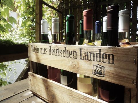Ein Holzkasten mit verschiedenen Weinen aus deutschen Landen. Im Hintergrund sind grüne Pflanzen zu sehen.
