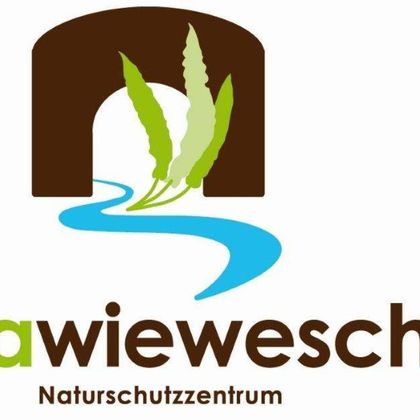 Ein Logo des Naturschutzzentrums "awiewesch" mit stilisierten Pflanzen und Wasser. Die Farben sind grün und blau auf einem neutrales Hintergrund.