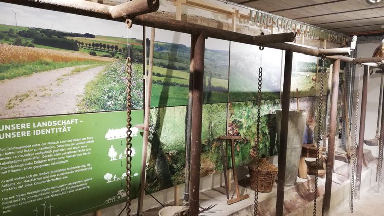 Eine Ausstellung mit landwirtschaftlichen Werkzeugen und Grafiken über die Landschaft. Im Hintergrund sind Informationen zur regionalen Identität zu sehen.